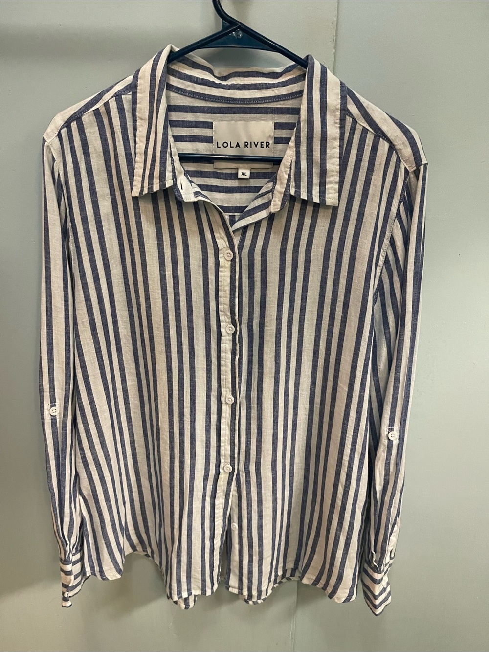 Lola River XL Blue White Linen Lyocell Striped Button Down Roll Tab Shirt - Picture 3 of 9